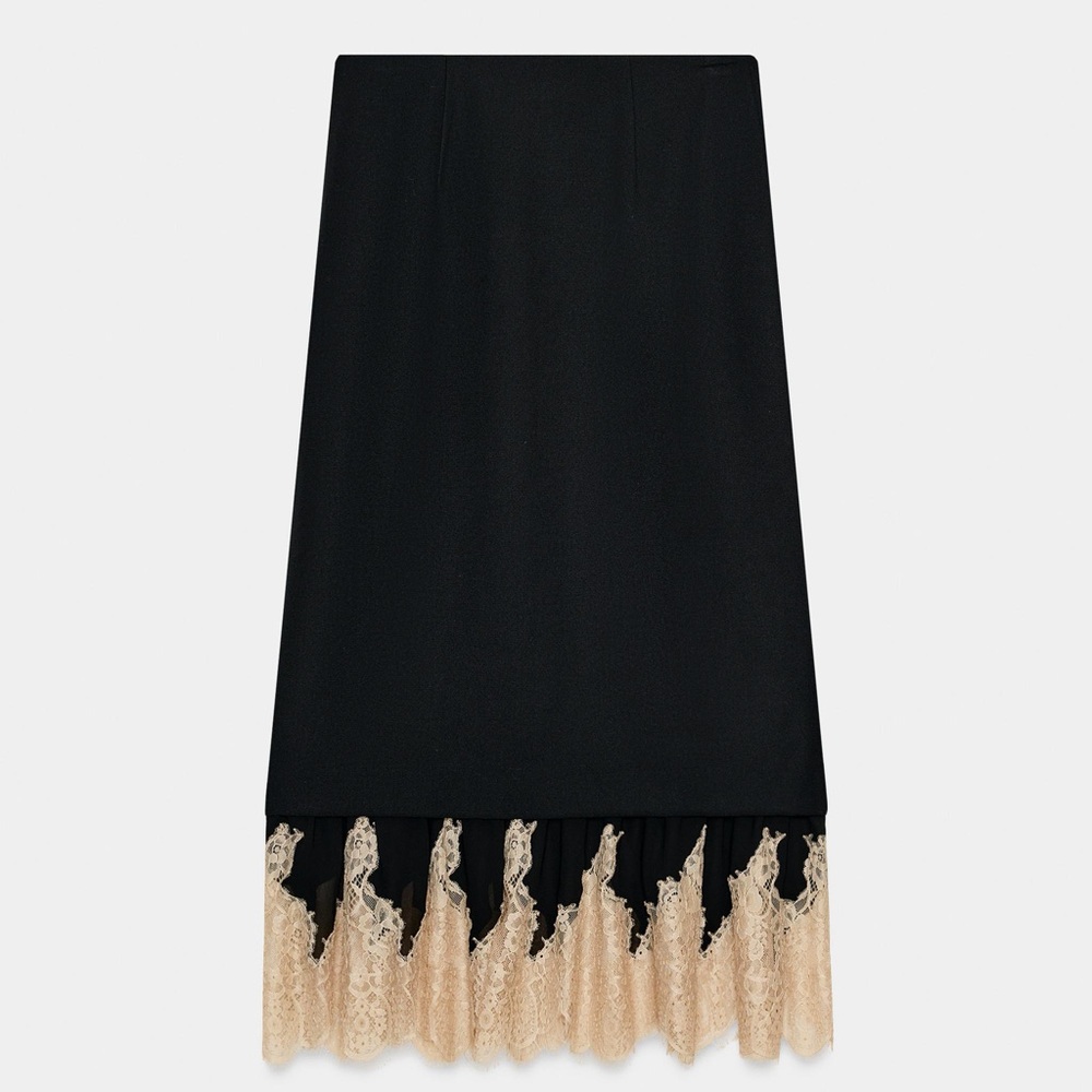 Zara Black Midi Skirt with Cream Lace Hem